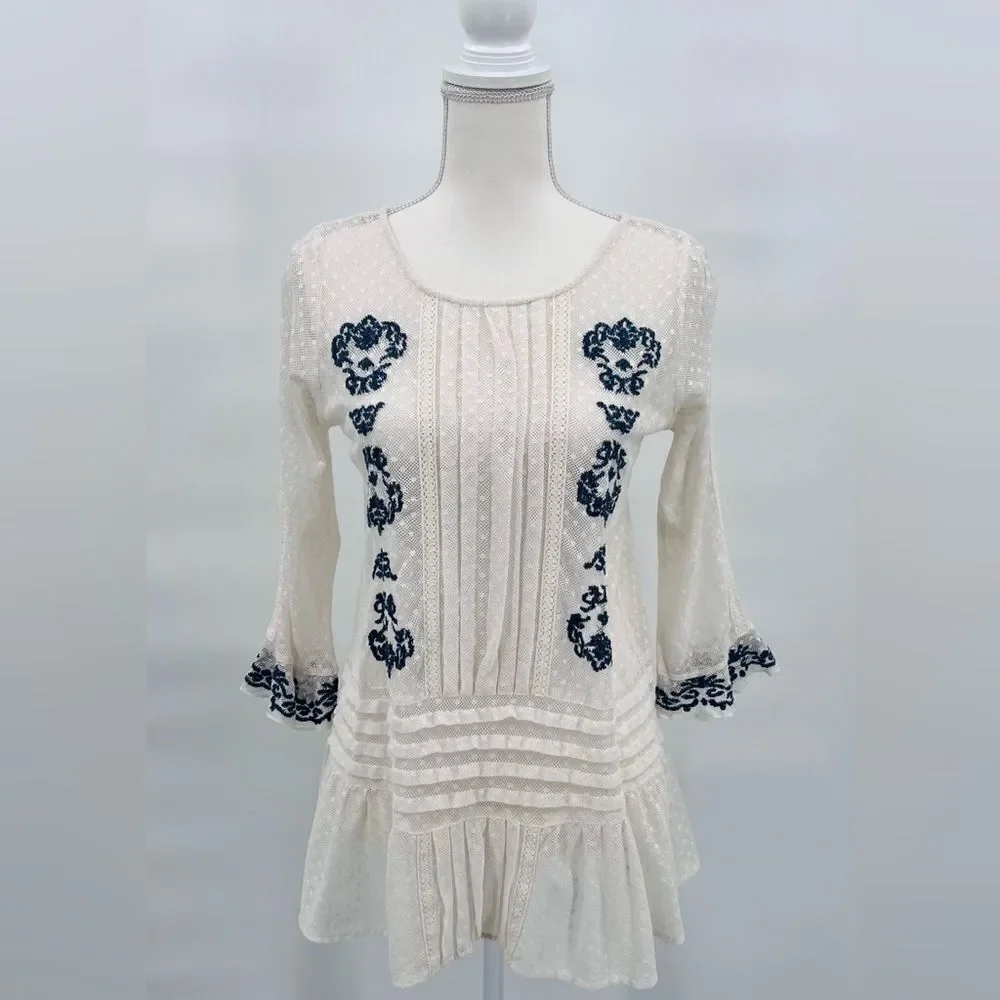 Free People T-Shirt Blouse Top Lace Embroidered